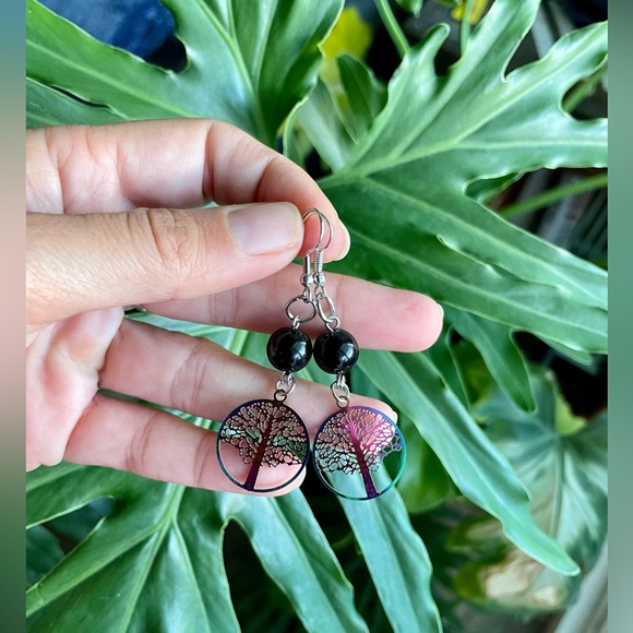 Jewelry - Obsidian & Tree of Life Earrings